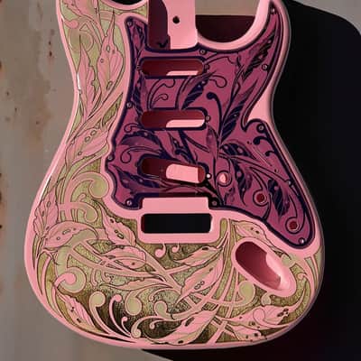 Custom Laser Engraved Pink Fender Strat Guitar Body with Pink Mirror Acrylic Pickguard & Tremolo Cover HSH, HSS, SSS Setups Available image 12