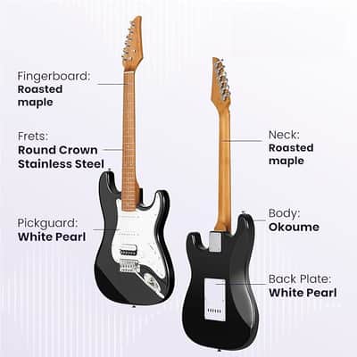 Electric Guitar Kit Beginner - 39in Guitar Set Adults with Roasted Maple Neck HSS Pickup Solid Okoume Body Electric Guitar with Gig Bag Amplifier Strap Strings Cable Picks Black image 2