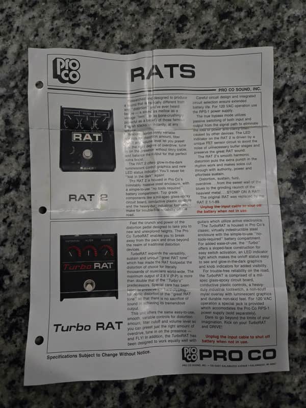 ProCo RAT 2 1988- 1989 Phamplet only, no pedal image 1