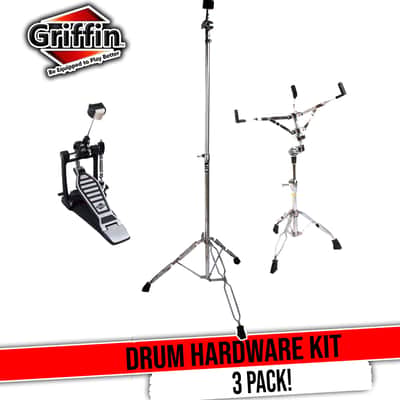 GRIFFIN 3 Pack Drum Hardware Kit (Percussion TiltPro X Edition) – Kick Pedal, Snare Stand & Cymbal Stand – Chrome Double Chain Foot Pedal & Clamp Basket for Intense Play image 1