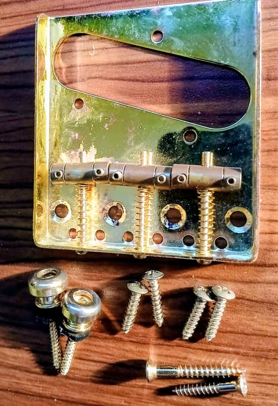 LOT Gold Guitar Parts Telecaster Bridge with Brass Saddles Strap Buttons screws image 1