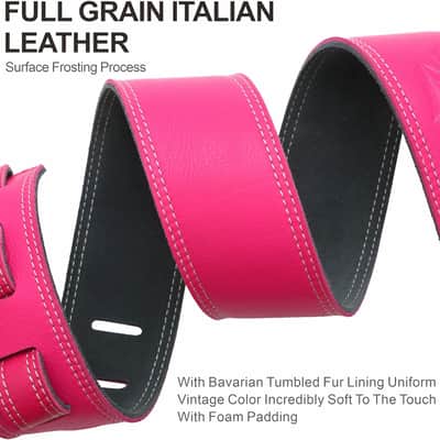 Guitar Strap, 2.5" Wide Lychee Grain Leather Guitar Straps with Foam Padding and Cable Storage Loop, for Kids, Men and Women, for Acoustic, Bass and Electric Guitars-Rose Red image 2