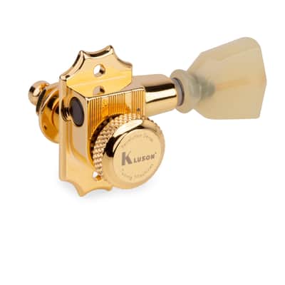 Kluson 3+3 Locking Revolution Series G-Mount Tuners - Pearloid Keystone Button, Gold image 2