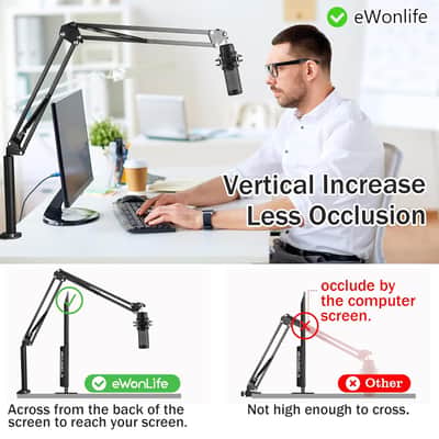 Overhead Mic Boom Arm Stand,Desk Microphone Boom Arm Stand With High Riser, Adjustable Scissor Arm Stand With Metal Clamp,3/8" To 5/8" Adapter For Blue Yeti Snowball, Hyperx Quadcast, Yeti image 2