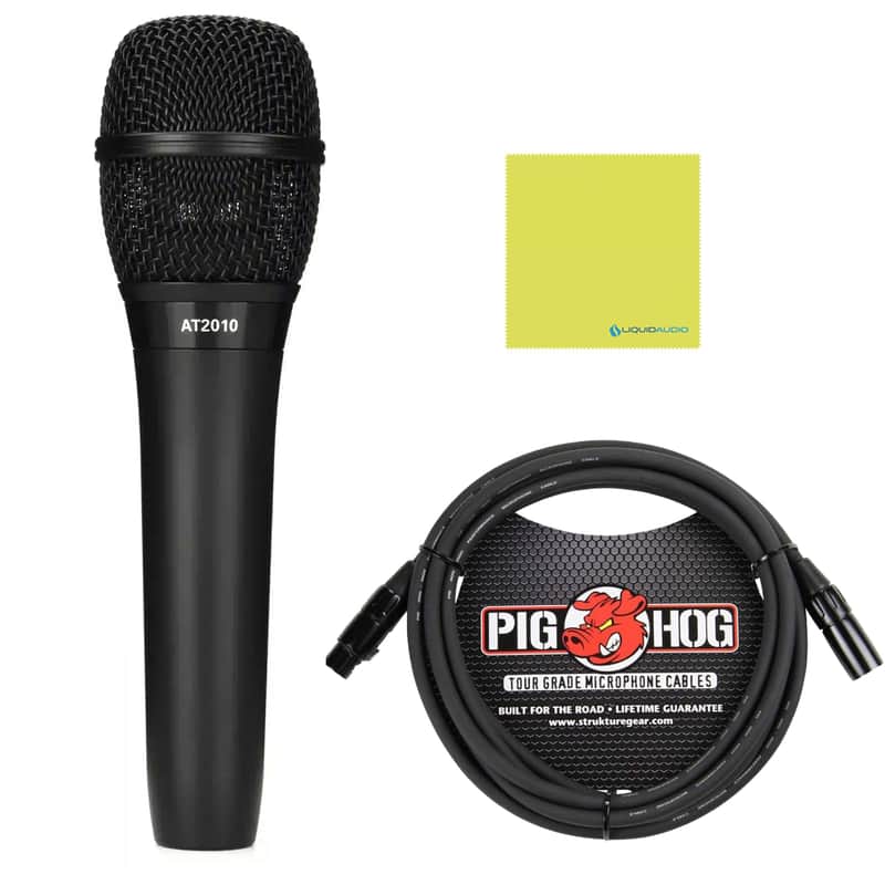 Audio Technica AT2010 Cardioid Condenser Handheld Microphone Bundle with 10ft XLR Pig Hog Mic Cable & Polishing Cloth – Studio-Quality Vocal Mic for Live Performance & Recording image 1