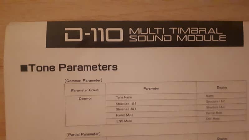 Roland D-110 Multi Timbral Sound Module Tone Parameters & PCM Sounds Table image 1