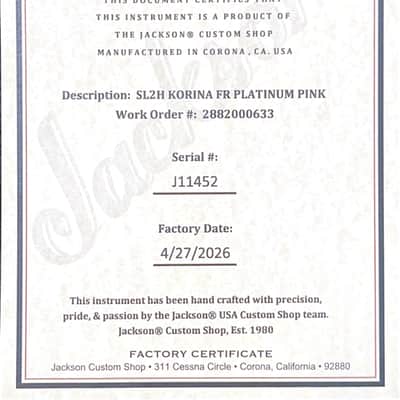 Jackson Custom Shop Korina SL2H FR - Platinum Pink #11452 (Empire Music Spec) image 14