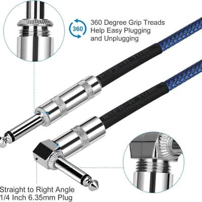 1/4 Inch Cable Guitar Cable 10 Ft Straight to Right Angle 1/4 Inch 6.35mm Plug Bass Keyboard Instrument Cable Blue and Black Tweed Cloth Jacket, electric mandolin, pro audio image 2