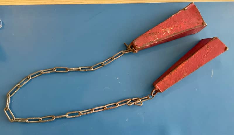 Vintage Metal Cowbells Pair w/ Heavy Link Chain - Red image 1