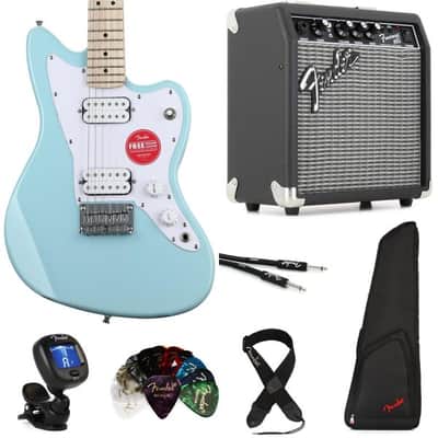 Squier Mini Jazzmaster HH Electric Guitar and Fender Frontman 10 Amp Essentials Bundle- Daphne Blue image 2