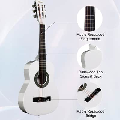 ADM Beginner Acoustic Classical Guitar Nylon Strings Wooden Guitar Bundle Kit for Kid Boy Girl Student Youth Guitarra Online Lessons with Gig Bag, Strap, Tuner, Picks (30 Inch, White) image 3