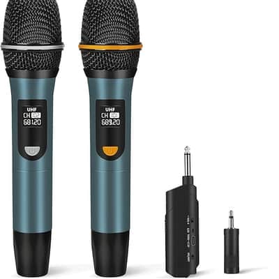 Wireless Microphones, UHF Metal Rechargeable Cordless Dynamic Mic System with Auto-Connect Receiver, 160ft Range Professional Wireless Microphone for Karaoke, Party and PA System image 1