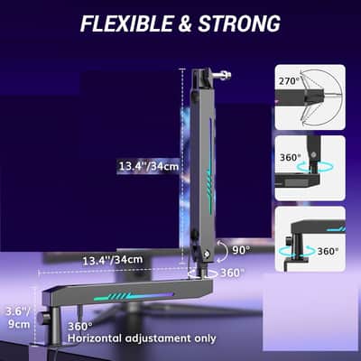 RGB Gaming Mic Arm, Low Profile Microphone Boom Arm with controllable RGB Light, Mic Stand with Cable Management, 3/8", 5/8" and 1/4", Adapter, Perfect for Streaming, Studio image 2