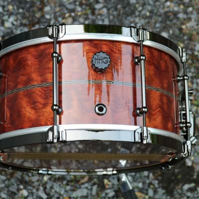 HHG drums 14x7 Bubinga, Tulipwood, Maple  2021 High Gloss Natural Lacquer, Herringbone Inlay, Black Nickel Hardware image 16