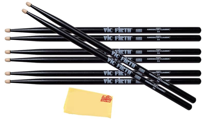 Vic Firth American Classic 5A Wood-Tipped Drumsticks - Black, 4 Pairs with Austin Bazaar Polishing Cloth image 1