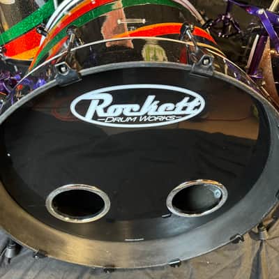 Rikki Rockett's Poison, Rockett Drum Works 2011 Tour Set. Maple/Carbon Fiber 18x22 (x2) 14.5x16, 12.5x14, 9.5x12. MultiColor Stripe Wrap image 14