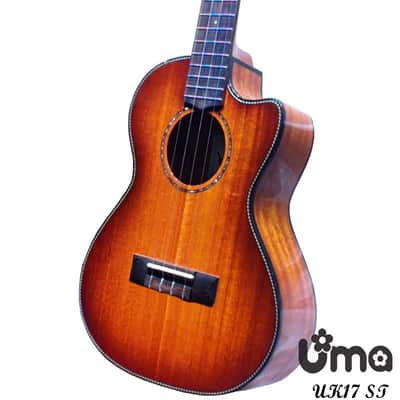 Uma Taiwan UK-17 ST Sunburst Solid mahogany Tenor ukulele with cutaway Gloss image 2