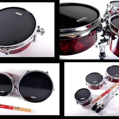RED Brand New 100% Handmade Triple Bongo Set + Adjustable Stand with autonomous fastening, Maxtone drum head skins 6,8,10 inches & Stagg Sticks image 7