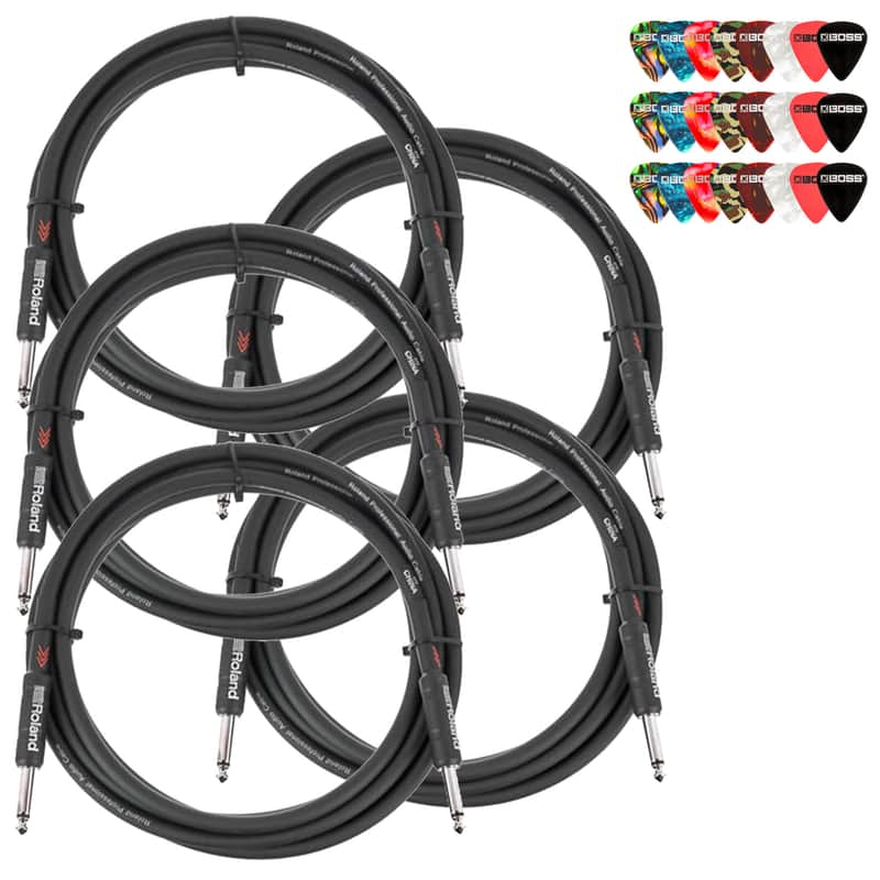 Roland 15-Foot Instrument Cable, Straight-Straight, Black Series - 5 Pack w/ Picks image 1