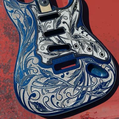 Custom Laser Engraved Blue Sparkle and White Fender Strat Guitar Body with White & Silver Mirror Pickguard & Tremolo Cover HSH, HSS, SSS Setup Available image 5
