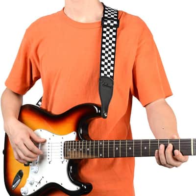 Guitar Strap, Bass Guitar Strap, Electric and Acoustic Guitar Straps - Durable Nylon Checkered Guitar Shoulder Strap with Leather Ends (Black and White Checkered) image 3
