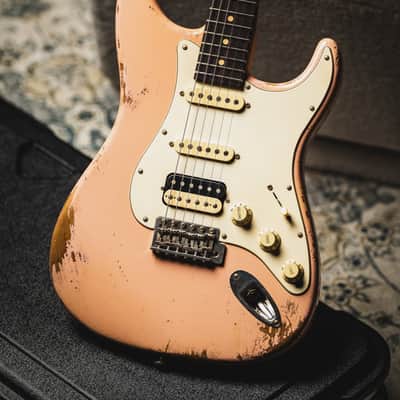 Luxxtone Choppa S Heavy Aging HSS-Shell Pink w/Aged White Pickguard & Roasted Flame Maple Neck image 1