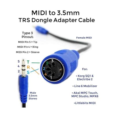MIDI to 3.5mm Breakout Cable for - Akai, Korg, Line6, LittleBits - Midi Female to TRS 3.5mm Male - MPC Studio,Touch, MPX8, Electribe 2,SQ-1 image 2