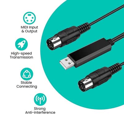 MIDI Cable Set to USB with Type C Adapter 2 in 1 MIDI Piano USB Cord from PC to Keyboard, Synthesizer, Electronic Drum, Electric Blow Pipe, 16 Channels for Windows, Mac, and Android (6 FT) image 2