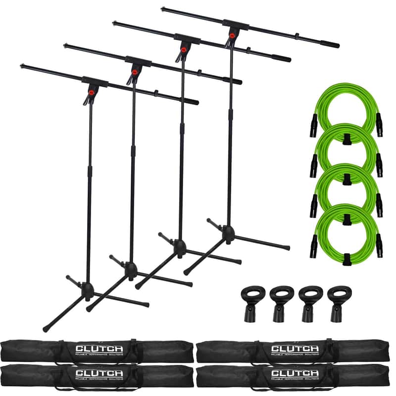 Pro Audio DJ Microphone Boom Stands with XLR Cables, Clips & Bags 4 Pack image 1