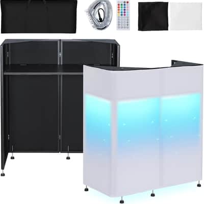 Portable DJ Booth 20"x42.5"x45.3" with Dual Top Corners, DJ Facade Booth with Cable Hole, DJ Table Stand with Light Strip and Remote Control, Metal Frame + Black & White Scrims + Carry Bag image 1