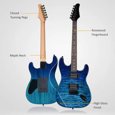KST 39" Full-Size Electric Guitar Kit – HH Pickups, Tremolo, Trans Blue | Beginner Bundle w/ Bag, Strap, Capo & More image 5