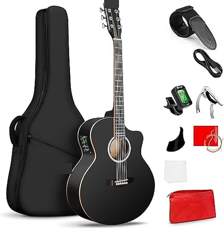 3/4 Acoustic Electric Guitar Kit for Beginners, 36 Inch Acoustic Cutaway Guitar Junior Size Travel Acustica Guitarra Bundle for Adults, Teens, Upgraded Starter Kit, Black Matte image 1