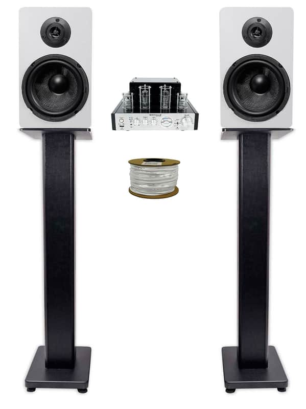 Rockville BluTube Tube Amplifier+(2) 6.5" White Bookshelf Speakers+28" Stands + Rockville BLUE 14G50 OFC 14 Gauge 50 Foot 100% Copper Speaker Wire image 1