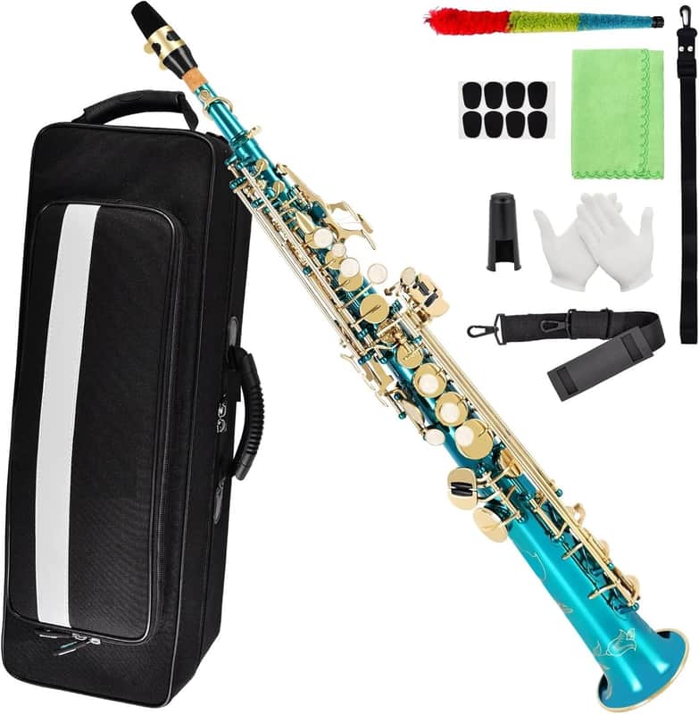 Bb Soprano Saxophone Straight Sax Instruments for Beginners Intermediate Players with Carrying Case,Mouthpiece,Pads,Reed,Cleaning kit,neck Strap,White Gloves image 1