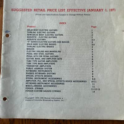 Fender Price List 1971 - Actual Fender musical Instrument Price List from 1971. It lists EVERYTHING Fender sold at that time with prices. image 1