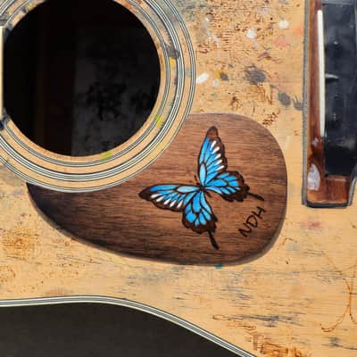 Burny Black left handed guitar pickguard - butterfly blue/walnut made to order - Urethane image 6
