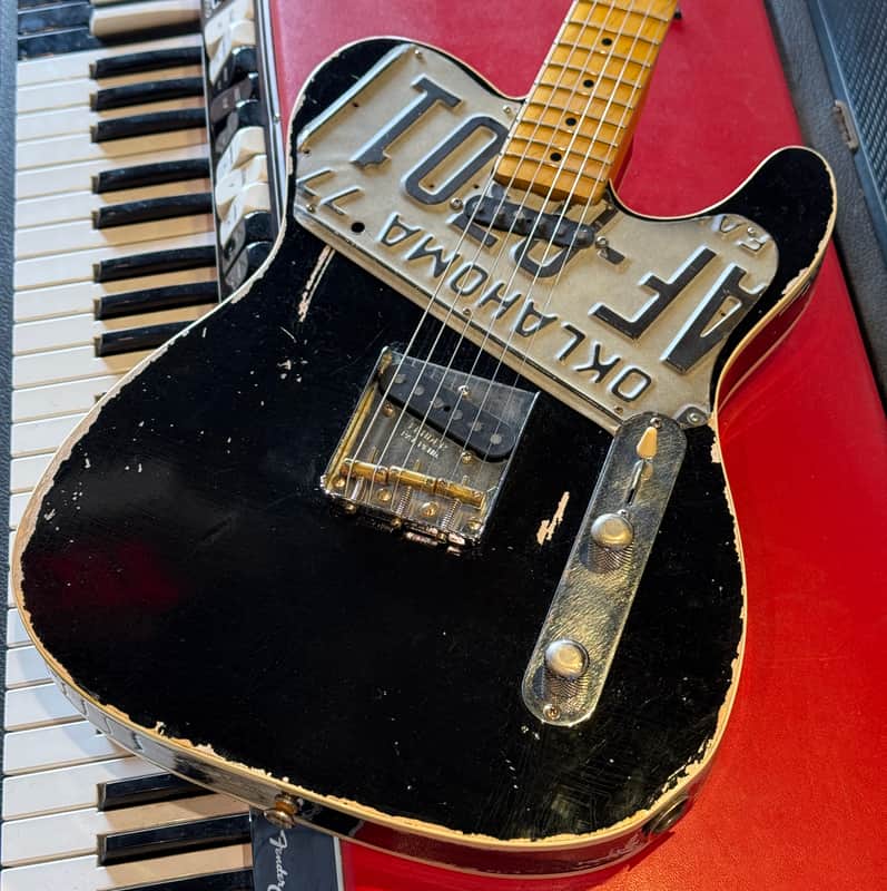 Custom Partscaster Double Bound Freakaster Telecaster Custom with Vintage Oklahoma License Plate Pickguard- Nitro Relic Aged Black image 1