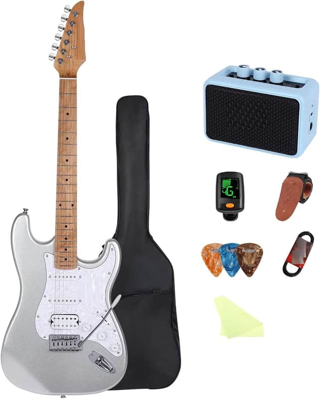 Electric Guitar Kit -39in Solid Body Starter Guitar Kit with Metallic finish, Guitar Case, Amplifier Gig Bag, Strings, Strap, Cable, Picks(Silver) image 1