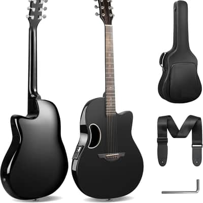 Acoustic Electric Guitar Kit - 41” Carbon Fiber Adult Beginner Set with Bag and Strap Built-In Pickup Rich Resonance & Warm Tone for Performance Ready, High-Gloss Black Finish image 1
