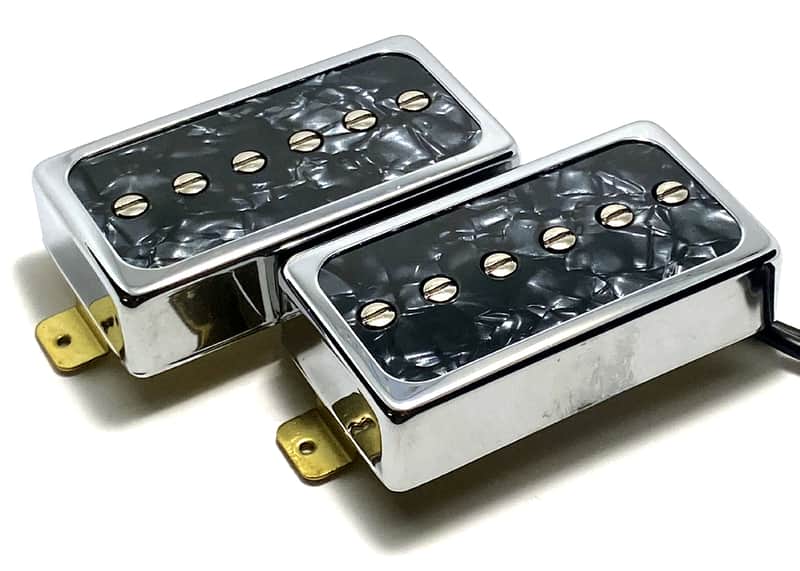 Dragonfire H90s - Humbucker Sized / Cased P90 Pickup Set, Bridge + Neck, Chrome Ring w/ Black Pearl Inlay image 1