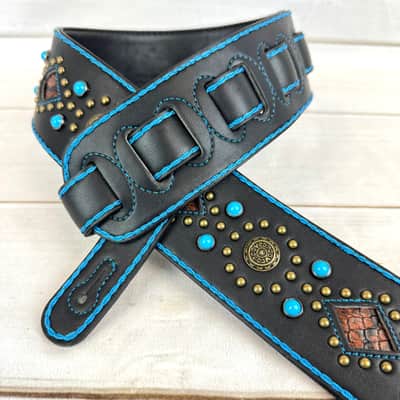 Walker & Williams GTR-20-BLU Sedona Special Turquoise Blue On Black Padded Strap With Brass Studs & Rivets For Acoustic Electric And Bass Guitars image 6