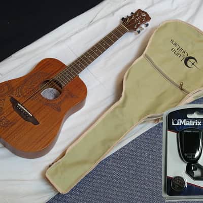LUNA Safari Tattoo acoustic 3/4 size Travel GUITAR mahogany new w/ Bag + Tuner image 1