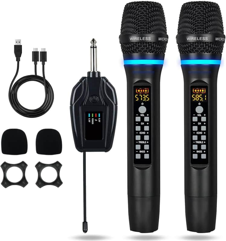 Dual Wireless Microphones Rechargeable, UHF Metal Wireless Mic System Cordless Microphone Professional with Echo Treble BASS VOL Channel Control for Karaoke Singing Church Events image 1