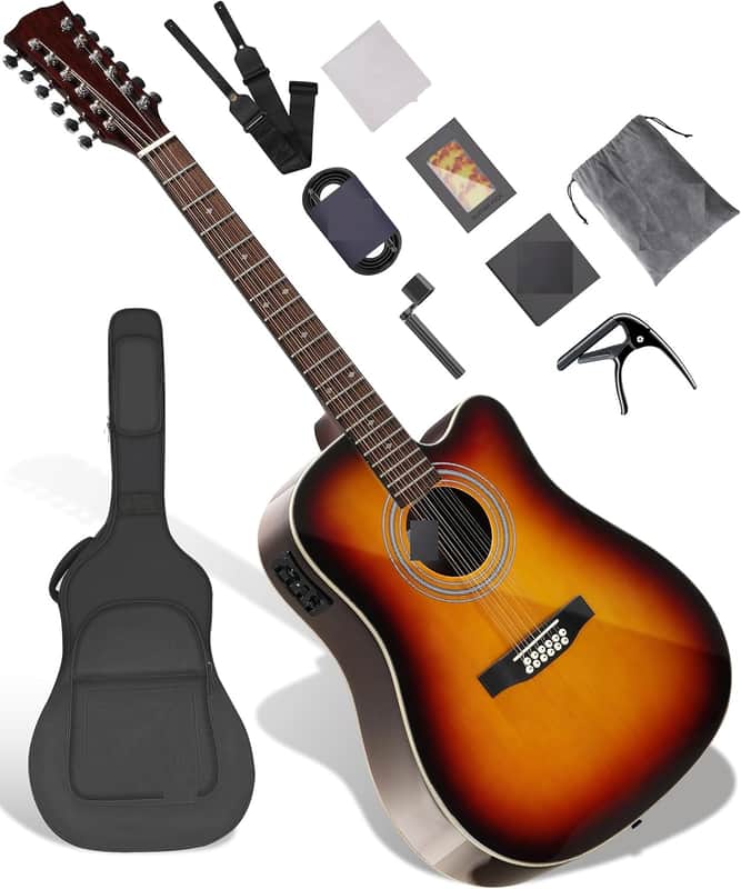 12-String Acoustic Electric Guitar: Rosewood Back and Sides with Spruce Top, 41-inch Cutaway Body, Built-in Pickup; Deluxe Set Includes Guitar Bag, Tuner, Cable, Capo, Strings & Picks image 1