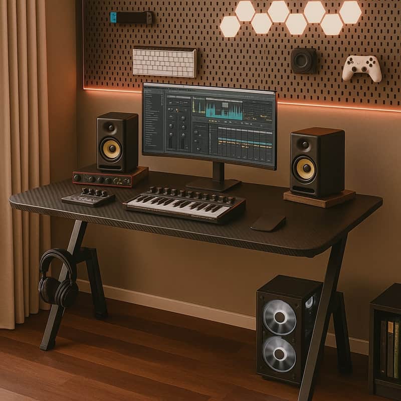 Music Producer Studio Desk – 40" Carbon Fiber Workstation for Home Studios, Heavy-Duty PC and Monitor Support, with Cable Management, Headphone Hook, and Cup Holder image 1