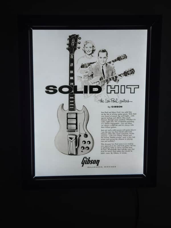 1961 Gibson Guitars Backlit Movie Style Poster Les Paul/Mary Ford Gibson 3 Pickup SG Les Paul Custom 16 X 20 Man Cave, Music Room, Garage Item Killer Cool image 1