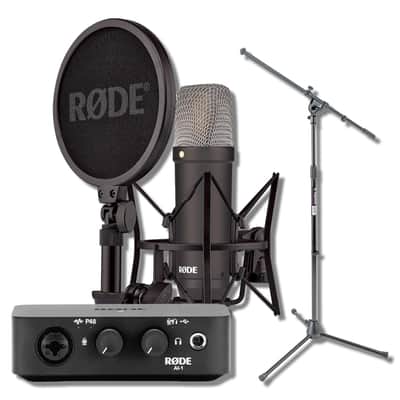 Rode NT1 Signature Series Black Large-Diaphragm Cardioid Condenser Microphone Home Studio Recording Bundle with Rode Ai-1 USB-C Audio Interface and On-Stage MS7701B Euro Boom Tripod Microphone Stand image 1