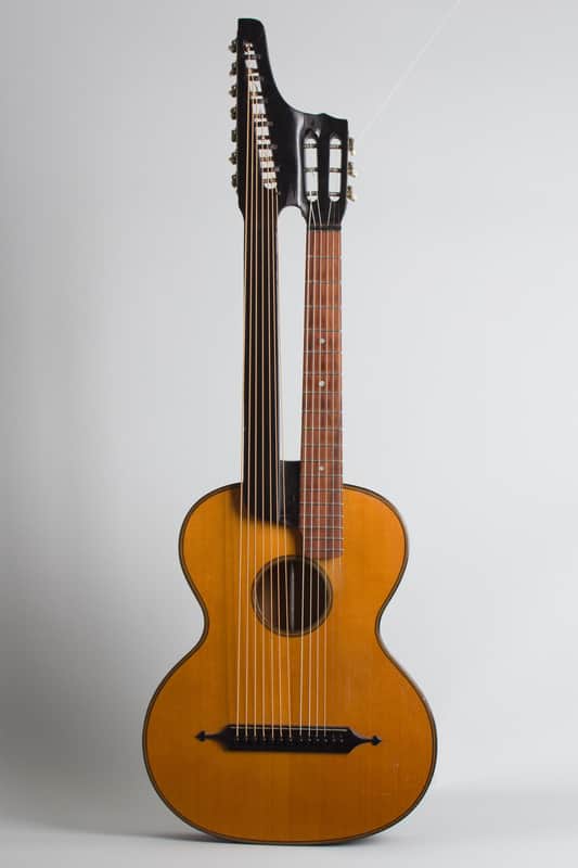 Unlabelled  13 Course Schrammel Contra Harp Guitar, c. 1950's - natural top, mahogany stained back and sides, gig bag case. image 1