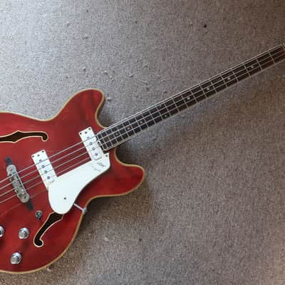 Vintage 1966 Vox Cougar V214 Bass Guitar Cherry Red Very Clean With Case 6/7 Condition Lots Of Finish Checking image 3