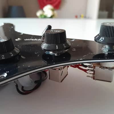 Handmade prewired HSH neodymium Strat pickguard with HB split switch TR BL and mid PU cutoff switch. PAF style HB's. image 12